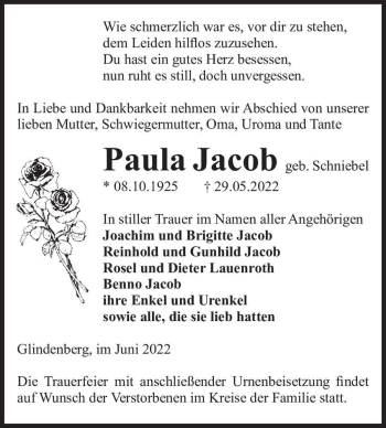 Traueranzeige von Paula Jacob (geb. Schniebel)  von Magdeburger Volksstimme