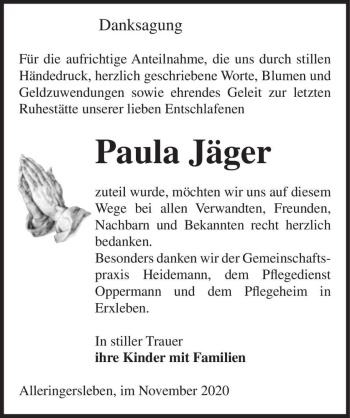 Traueranzeige von Paula Jäger  von Magdeburger Volksstimme