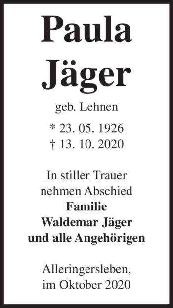 Traueranzeige von Paula Jäger (geb. Lehnen)  von Magdeburger Volksstimme