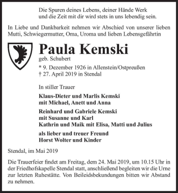 Traueranzeige von Paula Kemski (geb. Schubert)  von Magdeburger Volksstimme