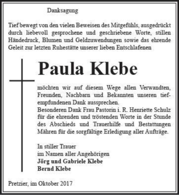 Traueranzeige von Paula Klebe  von Magdeburger Volksstimme