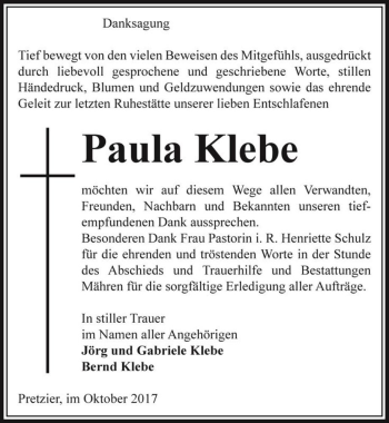 Traueranzeige von Paula Klebe  von Magdeburger Volksstimme