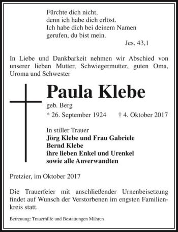 Traueranzeige von Paula Klebe (geb. Berg)  von Magdeburger Volksstimme