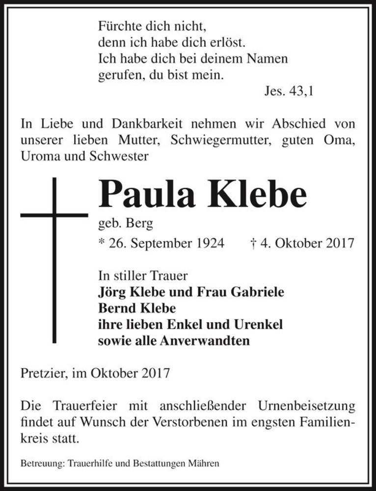  Traueranzeige für Paula Klebe (geb. Berg)  vom 07.10.2017 aus Magdeburger Volksstimme
