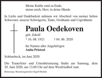 Traueranzeige von Paula Oedekoven (geb. Zekoll)  von Magdeburger Volksstimme
