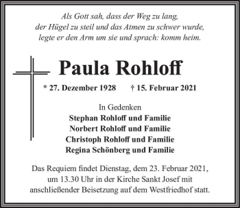 Traueranzeige von Paula Rohloff  von Magdeburger Volksstimme