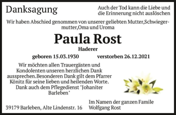 Traueranzeige von Paula Rost (geb. Haderer)  von Magdeburger Volksstimme