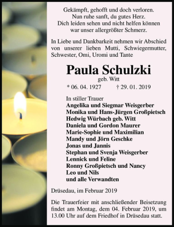 Traueranzeige von Paula Schulzki (geb. Witt)  von Magdeburger Volksstimme