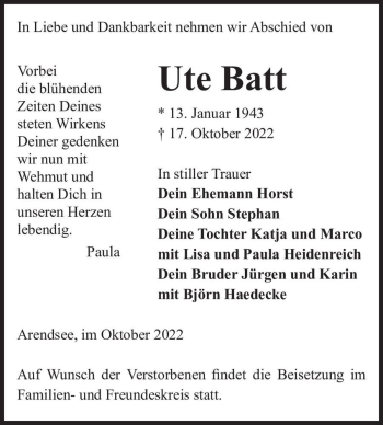Traueranzeige von Paula Ute Batt  von Magdeburger Volksstimme