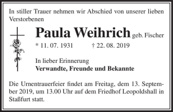 Traueranzeige von Paula Weihrich (geb. Fischer)  von Magdeburger Volksstimme