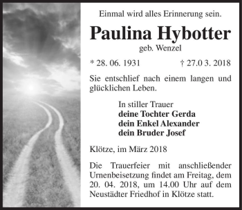 Traueranzeige von Paulina Hybotter (geb. Wenzel)  von Magdeburger Volksstimme