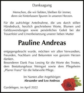 Traueranzeige von Pauline Andreas  von Magdeburger Volksstimme