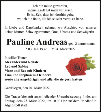 Traueranzeige von Pauline Andreas (geb. Zimmermann)  von Magdeburger Volksstimme