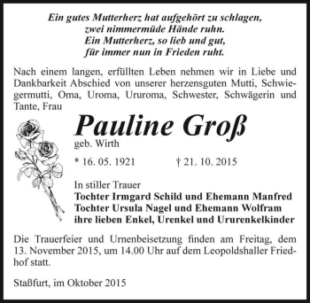 Traueranzeige von Pauline Groß (geb. Wirth)  von Magdeburger Volksstimme