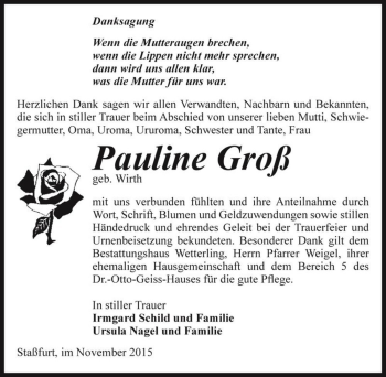 Traueranzeige von Pauline Groß (geb. Wirth)  von Magdeburger Volksstimme