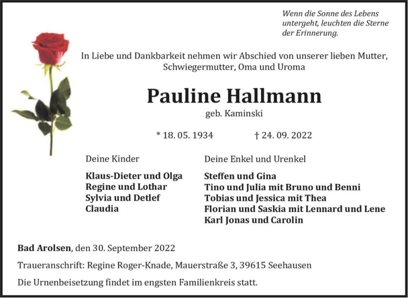  Traueranzeige für Pauline Hallmann (geb. Kaminski)  vom 01.10.2022 aus Magdeburger Volksstimme