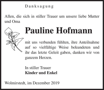 Traueranzeige von Pauline Hofmann  von Magdeburger Volksstimme