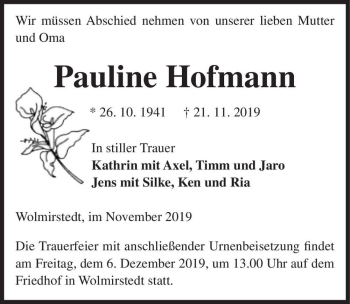 Traueranzeige von Pauline Hofmann  von Magdeburger Volksstimme