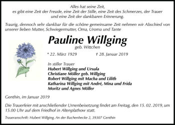Traueranzeige von Pauline Willging (geb. Wittchen)  von Magdeburger Volksstimme