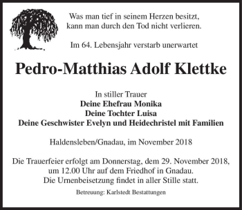 Traueranzeige von Pedro-Matthias Adolf Klettke  von Magdeburger Volksstimme