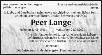 Traueranzeige von Peer Lange  von Magdeburger Volksstimme