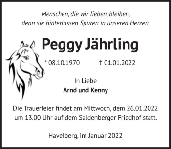 Traueranzeige von Peggy Jährling  von Magdeburger Volksstimme