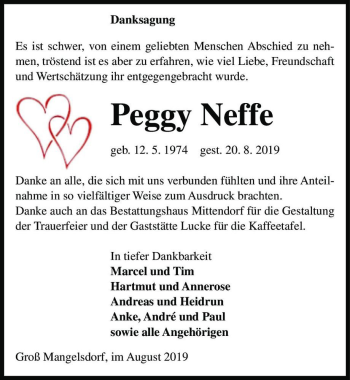 Traueranzeige von Peggy Neffe  von Magdeburger Volksstimme
