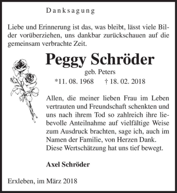 Traueranzeige von Peggy Schröder (geb. Peters)  von Magdeburger Volksstimme