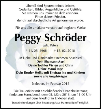 Traueranzeige von Peggy Schröder (geb. Peters)  von Magdeburger Volksstimme