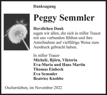 Traueranzeige von Peggy Semmler  von Magdeburger Volksstimme