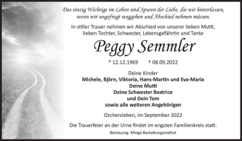 Traueranzeige von Peggy Semmler  von Magdeburger Volksstimme