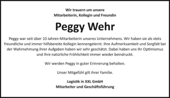 Traueranzeige von Peggy Wehr  von Magdeburger Volksstimme