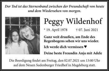 Traueranzeige von Peggy Wildenhof  von Magdeburger Volksstimme