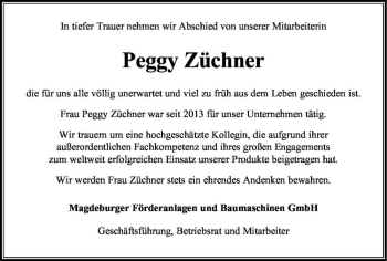 Traueranzeige von Peggy Züchner  von Magdeburger Volksstimme