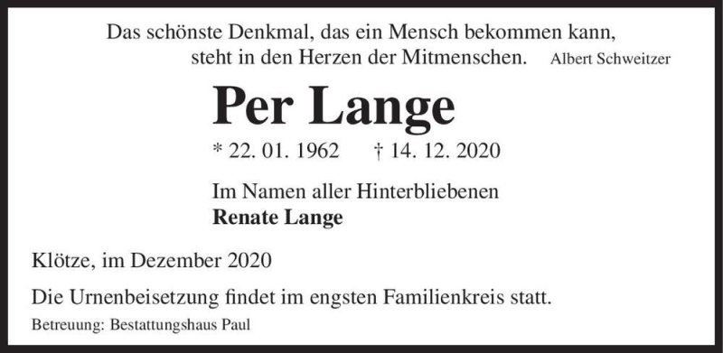  Traueranzeige für Per Lange  vom 16.12.2020 aus Magdeburger Volksstimme