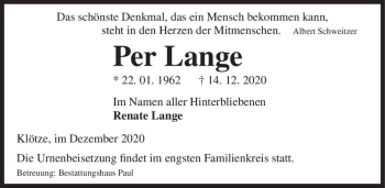 Traueranzeige von Per Lange  von Magdeburger Volksstimme