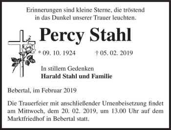 Traueranzeige von Percy Stahl  von Magdeburger Volksstimme