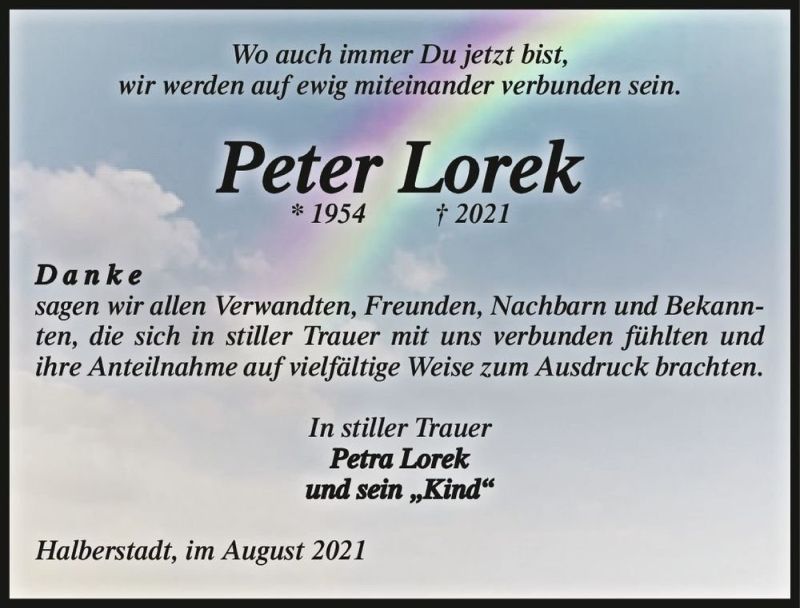  Traueranzeige für Pete Lorek  vom 28.08.2021 aus Magdeburger Volksstimme
