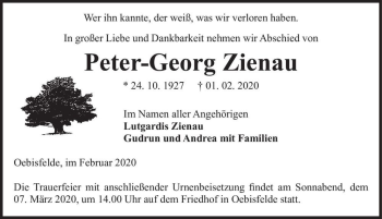 Traueranzeige von Peter-Georg Zienau  von Magdeburger Volksstimme
