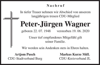 Traueranzeige von Peter-Jürgen Wagner  von Magdeburger Volksstimme