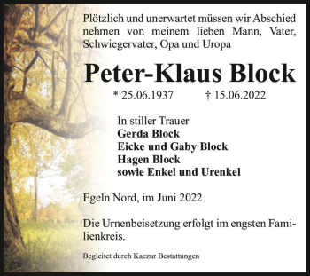 Traueranzeige von Peter - Klaus Block  von Magdeburger Volksstimme
