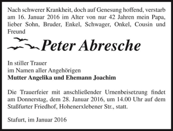 Traueranzeige von Peter Abresche  von Magdeburger Volksstimme