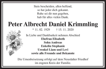 Traueranzeige von Peter Albrecht Daniel Krimmling  von Magdeburger Volksstimme
