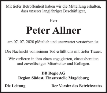 Traueranzeige von Peter Allner  von Magdeburger Volksstimme