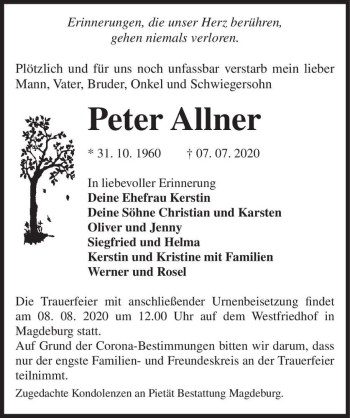 Traueranzeige von Peter Allner  von Magdeburger Volksstimme