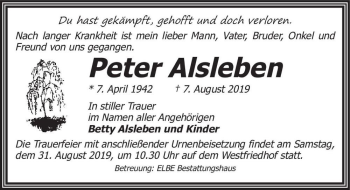Traueranzeige von Peter Alsleben  von Magdeburger Volksstimme