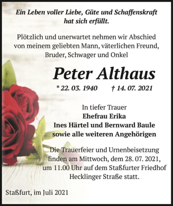 Traueranzeige von Peter Althaus  von Magdeburger Volksstimme