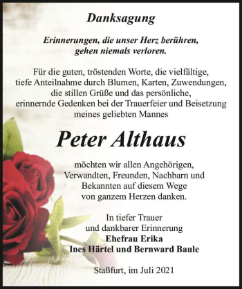 Traueranzeige von Peter Althaus  von Magdeburger Volksstimme