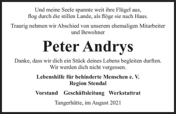 Traueranzeige von Peter Andrys  von Magdeburger Volksstimme