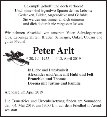 Traueranzeige von Peter Arlt  von Magdeburger Volksstimme